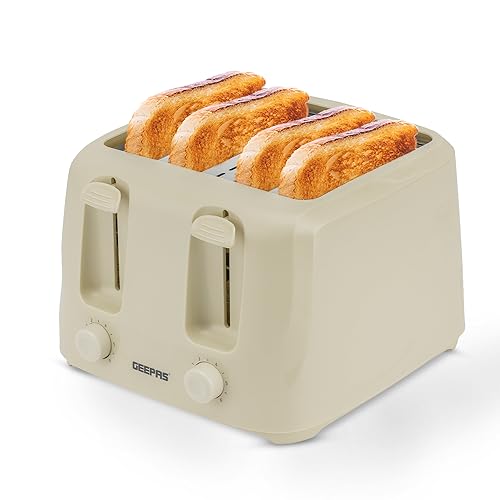 Geepas 4 Slice Bread Toaster with 6 Level Browning Control | Removable Crumb Tray, Cancel Function, Cord Storage & Cool Touch Plastic Housing | 1