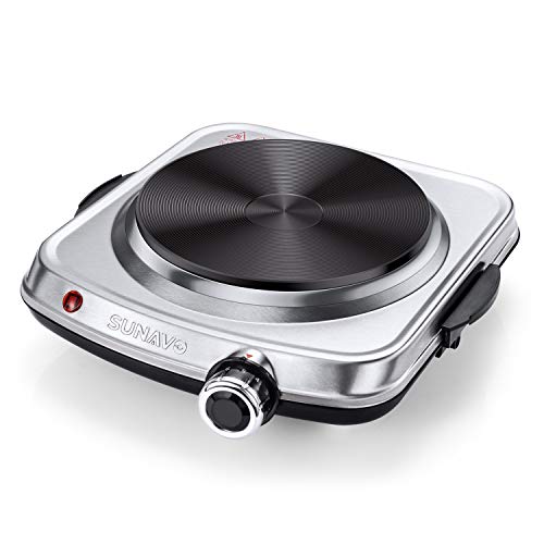 SUNAVO 1500W Hot Plates for Cooking, Electric Single Burner with Handles, 6 Power Levels Stainless Steel Hot Plate for Kitchen Camping RV and Mor