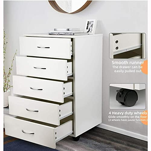 Drawer Filing Cabinet Dressers Chest Of 5 Drawers Home Office Nightstand Bedroom Storage Cabinet W/Casters