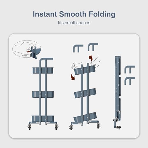 Merapi 3 Tier Foldable Rolling Cart, Metal Utility Cart with Wheels, 3 Hanging Cups and 6 Hooks, Folding Trolley for Living Room, Kitchen, Bathro