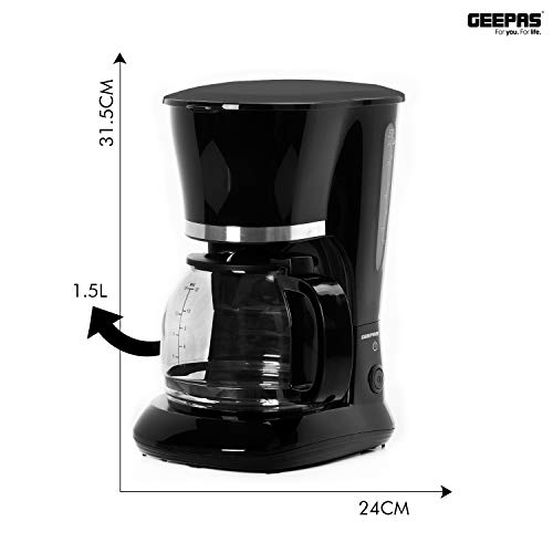 GEEPAS 1.5L Filter Coffee Machine | 800W Coffee Maker for Instant Coffee, Espresso, Macchiato & More | Boil-Dry Protection, Anti-Drip Function, A