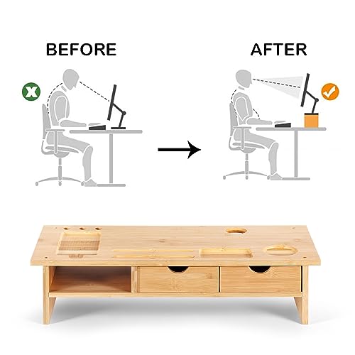Monitor Stand Riser Desk Organizer-Bamboo 2 Tier Laptop Stand with Drawers, Adjustable Desktop Storage Organizer for Computer, Printer, Cellphone
