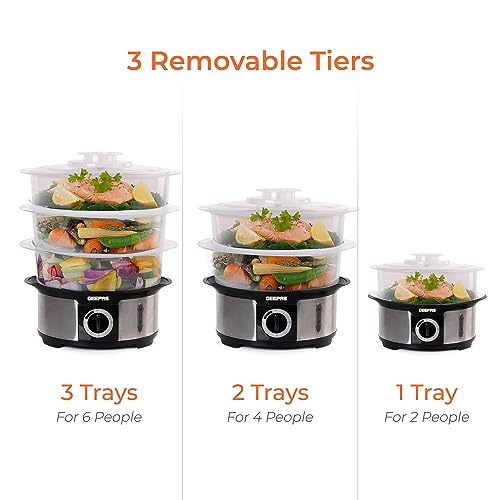 Geepas 3-Tier Food Steamer, 12L Capacity | Electric Vegetable Steamer with BPA Free Removable Baskets for Healthy Steam Cooking | 75 Minutes Time