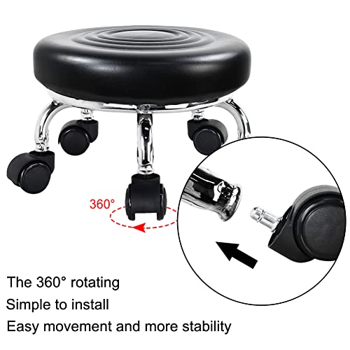 WKWKER Modern Roller Seat PU Leather Low Round Rolling Stool Swivel Small Stool with Universal Caster Wheels for Home Office Garage Shop Fitness