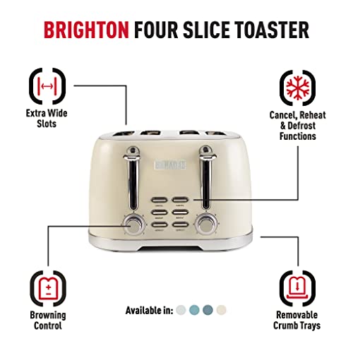 Haden Brighton Cream Toaster 4 Slice - Electric Stainless Steel Toaster - Reheat and Defrost Functions - 6 Variable Browning Controls - Self Cent