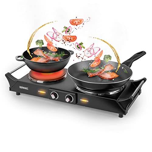 Duronic Hot Plate HP2 BK, Table-Top Cooking, 2500W Black Steel Electric Double Hob with Handles, 2 Cast Iron Portable Hob Rings (1500W & 1000W) f