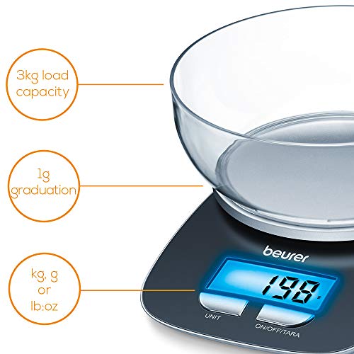Beurer KS25 Digital Kitchen Scale | With 1.2l weighing bowl | Tare weighing function | Adjustable between kg, g, lb, oz | 3kg weight capacity