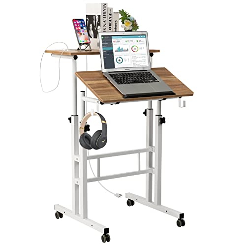 SIDUCAL Mobile Stand Up Desk, Adjustable Laptop Desk with Wheels, Home Office Workstation with USB Ports and Outlets, Rolling Desk Laptop Cart fo
