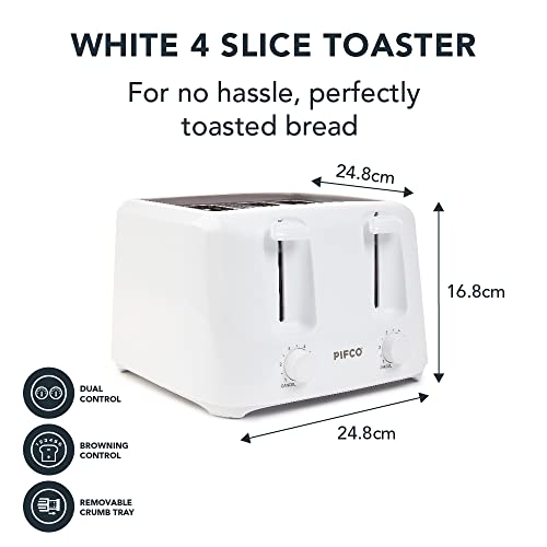 PIFCO® Essentials White Toaster 4 Slice - Dual Control with 6 browning Levels & Anti-Jam Function - Easy to Clean with Removable Crumbs Tray 1400