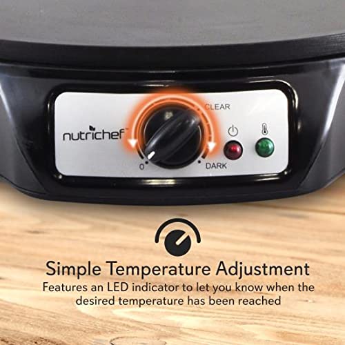 Nutrichef Nonstick 12 Inch Aluminum Hot Plate with LED Indicator Lights & Adjustable Temperature Control-Wooden Spatula & Batter Spreader Include