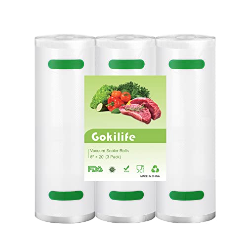 Gokilife Vacuum Sealer Bags, 3 Packs Vacuum Sealer Rolls 20x600cm Food Vacuum Bags Thick Embossed BPA Free Reusable Vacuum Food Sealer Bags for F