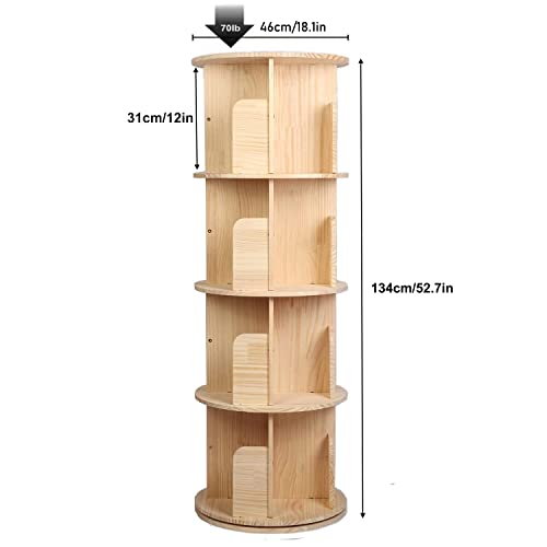 MYOYAY 4-Tier Solid Wood Bookshelf Floor Standing Bookcase 360° Rotation Book Storage Cabinet Magazines Potted Plants Display Stand Holds Up to 2