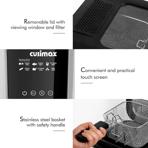CUSIMAX Deep Fryer, 2.5L Deep Fat Fryer with Touchscreen, 1200W Countertop Fryer with Viewing Window, Stainless Steel Basket with Safety Handle,