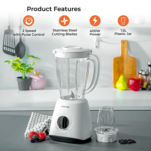 Geepas Electric Blender Smoothie Maker, Jug Blender 2 in 1 - 400W, White | Stainless Steel Blades| 1.5L Jar | Chopper, Coffee Grinder Smoothie Mi