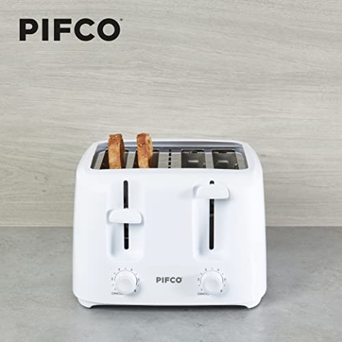 PIFCO® Essentials White Toaster 4 Slice - Dual Control with 6 browning Levels & Anti-Jam Function - Easy to Clean with Removable Crumbs Tray 1400