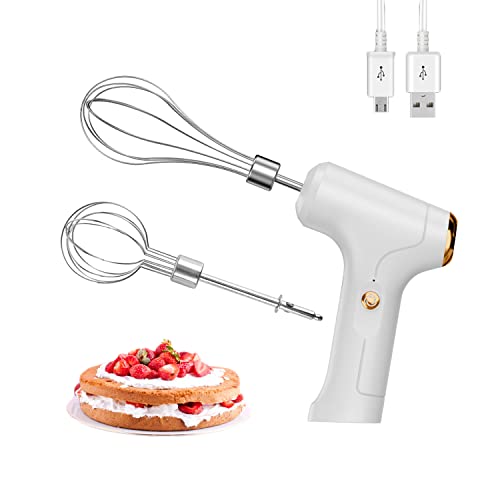 FIOUSY Electric Hand Whisk, USB Rechargeable, Wireless Portable Egg Beater with 2 Detachable Whisks with 3 Speed Modes for Eggs/Milkshake Cream/B