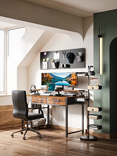 ODK Computer Desk with Drawers, Office Desk with Storage & Shelves, Work Writing Desk with Monitor Stand Shelf, Rustic Brown Home Office Desks fo