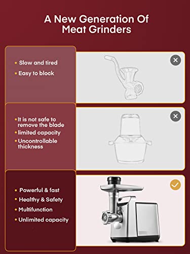 Electric Meat Mincer Grinder, Stainless Steel, 3 in 1 Meat Grinder & Sausage Stuffer & Kubbe Kit Included, Powerful 2000W Max Copper Motor