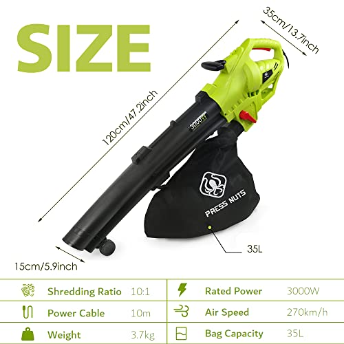 3 in 1 Leaf Blower, 3000W Garden Vacuum and Shredder with 10m Cable, Wheels, Garden Vacuum for Clearing Patios, Gardens of Leaves