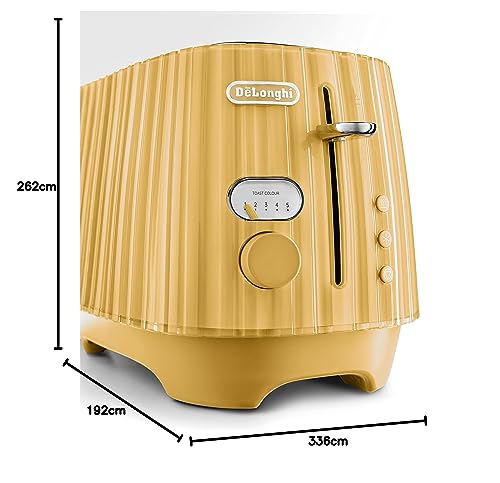 De'Longhi Ballerina Toaster CTD2003.Y, 2 Slot Toaster, Reheat, 5 Browning Settings, Defrost and Cancel Functions, Pull Crumb Tray, 900W, Yellow