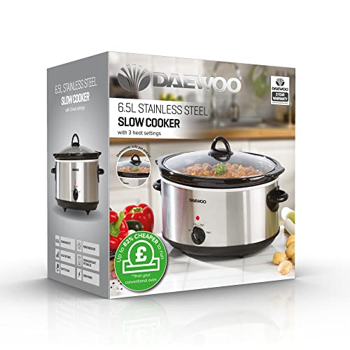 Daewoo Stainless Steel Slow Cooker With 3 Heat Settings And Power Indicator, Dishwasher Safe and Carry Handles With Raised Feet, Easy Clean, 6.5-