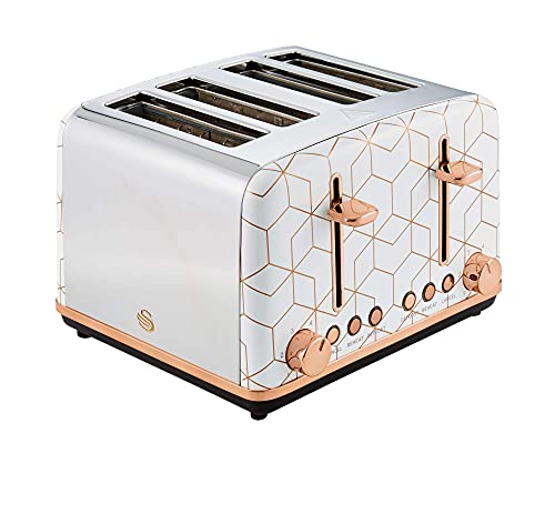 Swan Tribeca, 4 Slice Toaster, Multiple Functions & Browning Control, Glamour 20s Art Dec Design, White & Rose Gold, ST42020WHTN.