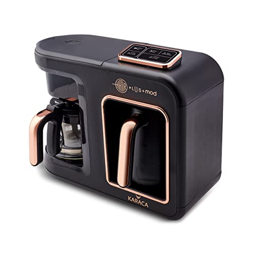 KARACA Hatır Plus Mod 5 in 1, 750ml Tea/Filter Coffee & Turkish Coffee Maker Black Copper, Tea, Milk Drink Heating, Turkish Coffee, 1385W, 5+5 Cu