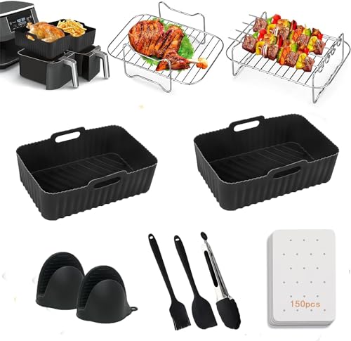 Air Fryer Accessories 10 Pcs for Ninja Dual AF400UK Tower T17088 AF300UK Dual Silicone Air Fryer Liners Gloves Air Fryer Rack Food Tong Paper Lin
