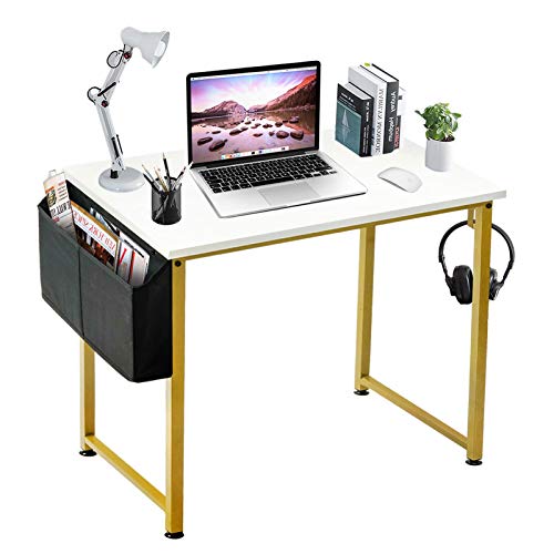 Lufeiya Small Computer Desk White Writing Table for Home Office Small Spaces 31 Inch Modern Student Study Laptop PC Desks with Gold Legs Storage
