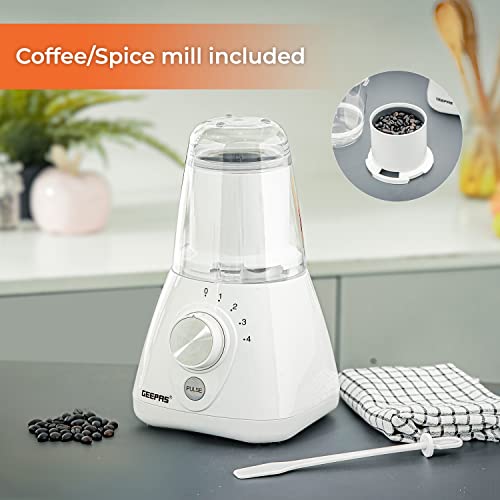 Geepas 550W 2 in 1 Food Jug Blender with 1.5L BPA Free Jar | 4 Sharp Stainless Steel Blades with 2 Speed | Ice Crusher, Mill, Coffee/Spice Grinde