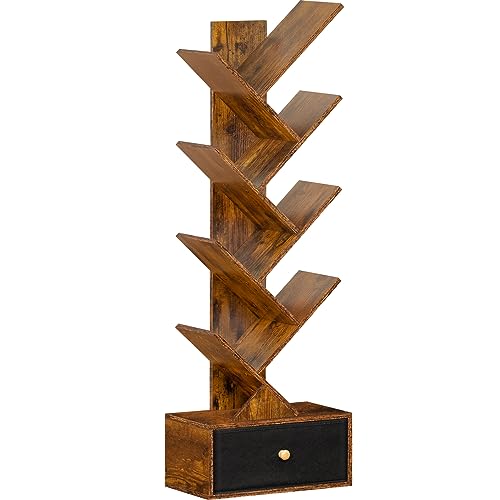 SHEEPAM 8 Tier Tree Bookshelf with Drawer, Free Standing Wood Bookcase for Narrow Space, Storage Organizer Bookshelves for Books, Book Case for H