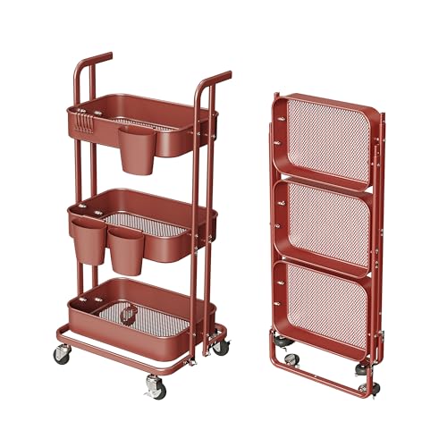 Merapi 3 Tier Foldable Rolling Cart, Metal Utility Cart with Wheels, 3 Hanging Cups and 6 Hooks, Folding Trolley for Living Room, Kitchen, Bathro