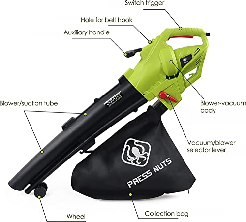 3 in 1 Leaf Blower, 3000W Garden Vacuum and Shredder with 10m Cable, Wheels, Garden Vacuum for Clearing Patios, Gardens of Leaves