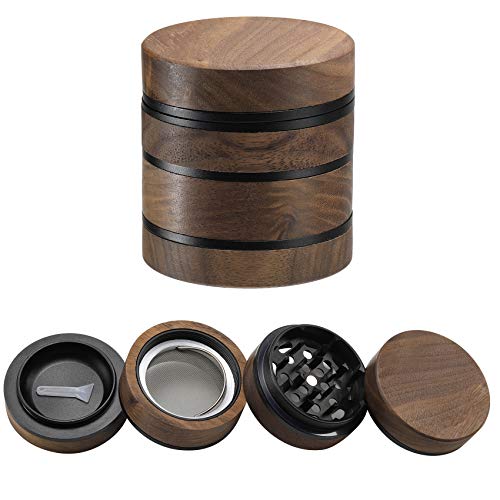 DCOU Premium Large Wooden Spice Grinder Pollen Collector with Magnetic Lid and Pollen Catcher 4 Piece 2.5 inches (Black)