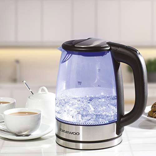 Daewoo LED Kettle, Glass Kettle With LED Illumination When Boiling, 360° Swivel Base, 1.7-Litre Capacity, Silver