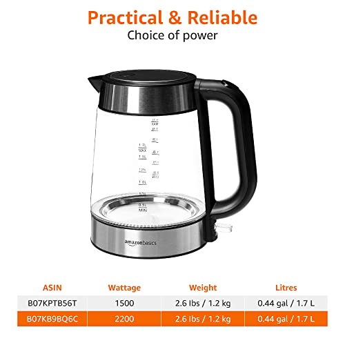 Amazon Basics Electric Glass Kettle,1.7-Liter, Black, Silver