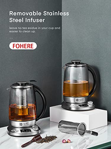 Kettle Electric with Variable Temperature Control - FOHERE Smart Glass Tea Kettle with 9 Presets - LCD Display - 2Hr Keep Warm - Removable Tea In