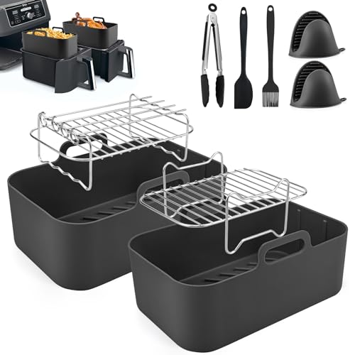 Dual Air Fryer Accessories13PCS, Double Basket, 304 Stainless Steel Grilling Rack Compatible for Ninja Foodi AF300UK, AF400UK, Instant Vortex, To