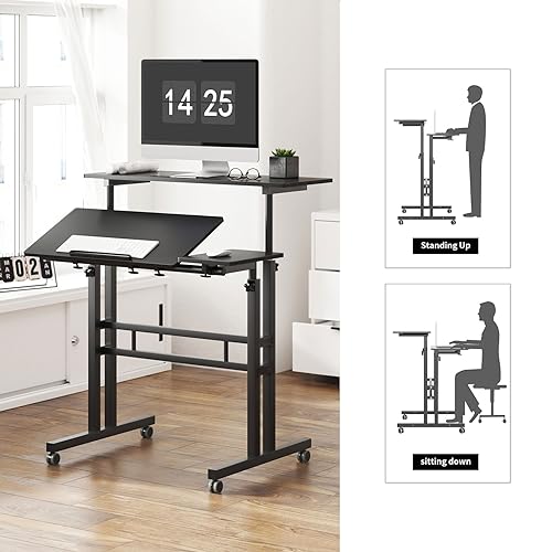 Mobile Laptop Sit-Stand Desk, soges Height Adjustable Standing Tiltable Top Desk, 31.5 inch Stand Up Computer Desk for Home Office, Small Rolling
