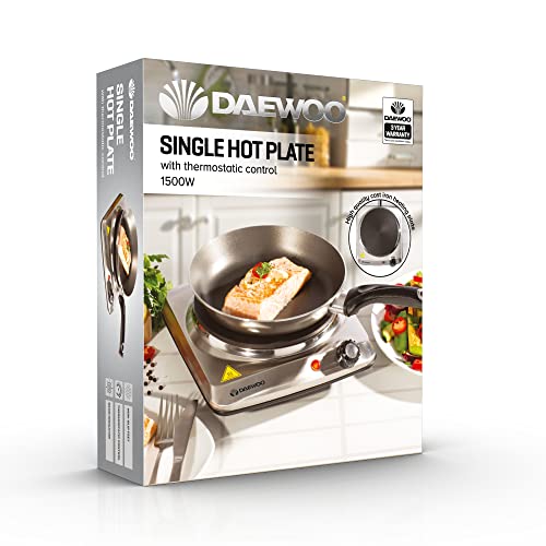 Daewoo SDA1731 Single Hot Plate-Portable & Compact-Cast Iron Heating Element-On/Off Indicator Lights-Non-Slip Feet-Durable Stainless Steel Housin