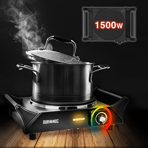 Duronic Hot Plate HP1 BK Black Steel Electric Single Hob with Handles, Table-Top Cooking 1500W 1 Cast Iron Portable Hob Ring, Cooking Boiling Fry
