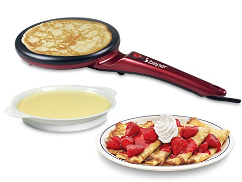 BEPER BT.710Y Electric Crepe Maker with Handle, 800 W, Aluminum Plate with Non-Stick Coating, Red