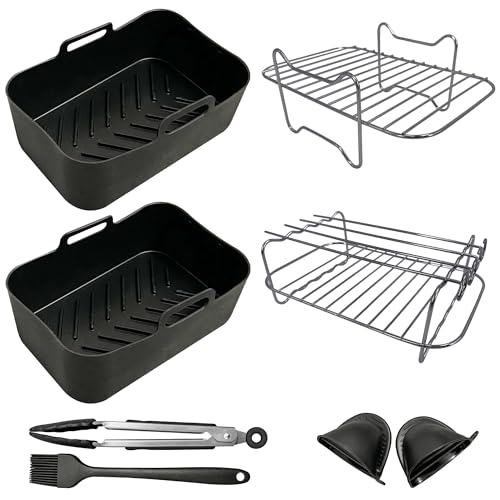 Divine Dwellings 8 PCS Dual Air Fryer Accessory Set with Reusable Silicone Liner, Stainless Steel Racks Compatible with Ninja AF300UK, Tower T170