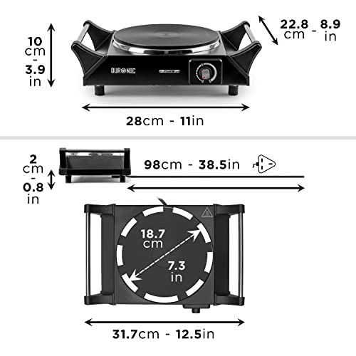 Duronic Hot Plate HP1 BK Black Steel Electric Single Hob with Handles, Table-Top Cooking 1500W 1 Cast Iron Portable Hob Ring, Cooking Boiling Fry