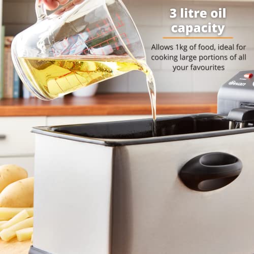 Swan SD6040N 3 Litre Stainless Steel Deep Fat Fryer with Viewing Window and Safety Cut Out, Non-Slip, Easy Clean and Adjustable Temperature Contr