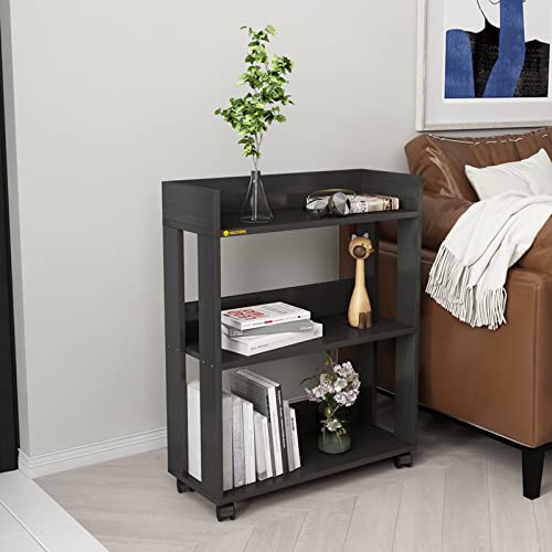 MIN WIN 3 Tier Open Bookshelf,Small Bookshelves Storage Display Shelf with Universal Wheels,Movable Standing Shelf Units,Wood Storage Rack for Sm