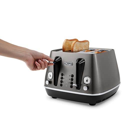 De'Longhi Distinta Titanium CTIN4003.TB, 4 Slot Toaster, Reheat, 6 Browning Settings, Defrost and Cancel Functions, Pull Crumb Tray, 1800W, Titan