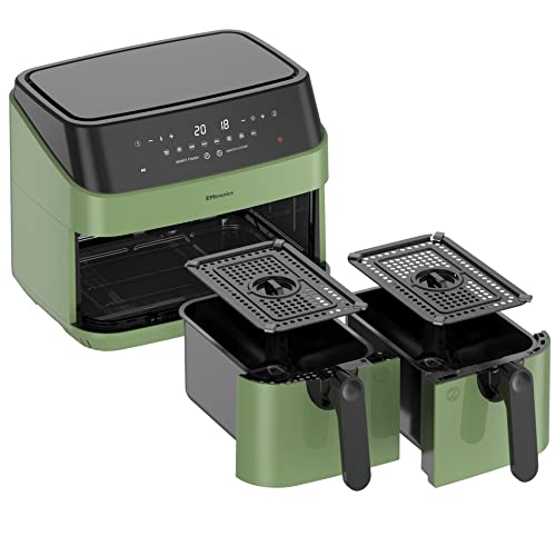 EMtronics EMAFDD9LSG Dual Air Fryer Extra Large Family Size Double XL 9 Litre 8 Adjustable Pre-Set Menus for Oil Free & Low Fat Healthy Cooking,