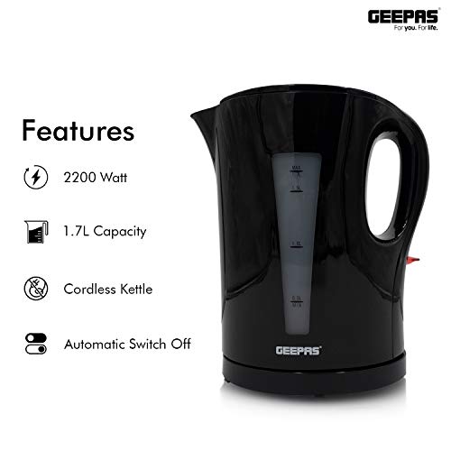Geepas Electric Kettle, 2200W | Boil Dry Protection & Auto Shut Off | 1.7L Cordless Fast Boil Jug Kettle for Hot Water Tea or Coffee | Swivel Bas