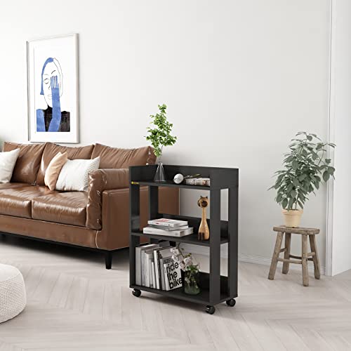 MIN WIN 3 Tier Open Bookshelf,Small Bookshelves Storage Display Shelf with Universal Wheels,Movable Standing Shelf Units,Wood Storage Rack for Sm
